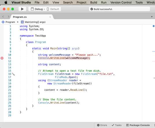 Breakpoints highlight in red a line of code