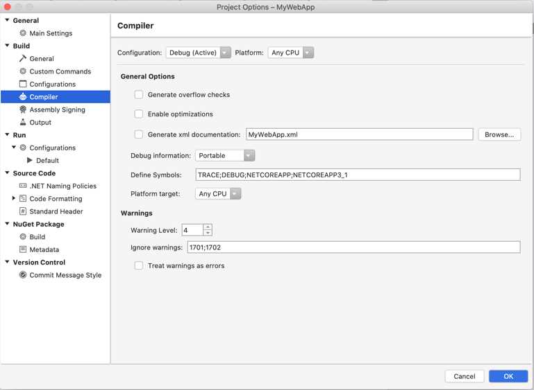 Configuring compiler options