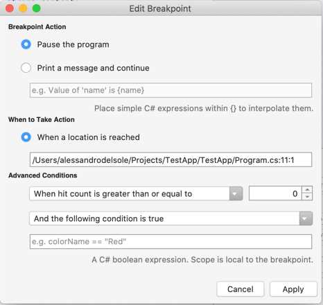 Editing a breakpoint’s configuration