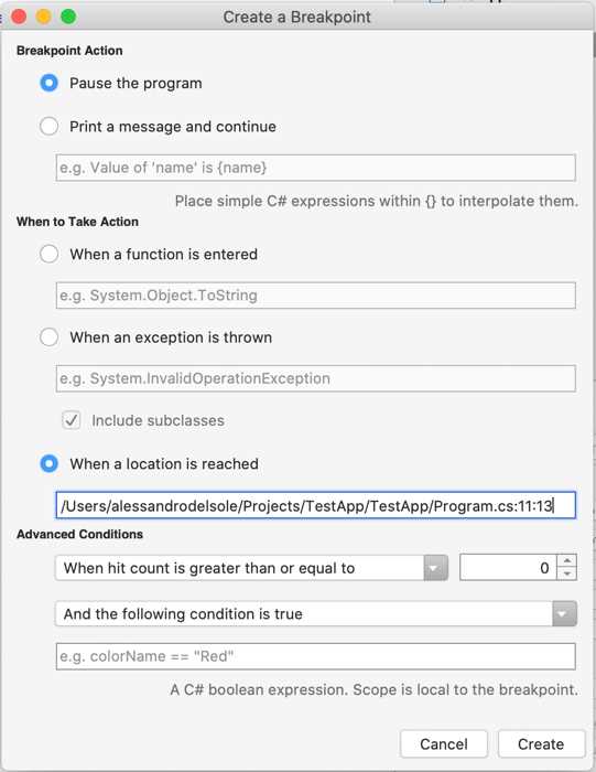 Function and exception breakpoints