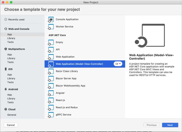 Selecting the MVC project template