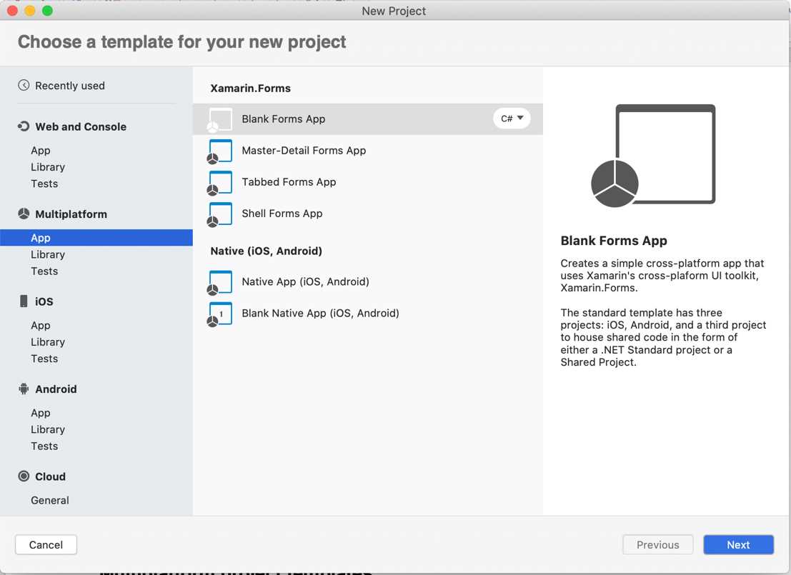 Some of the Xamarin project templates
