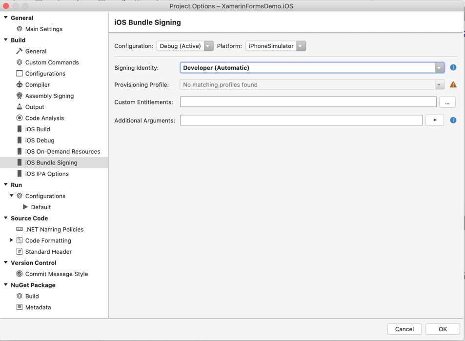 The iOS Bundle Signing options