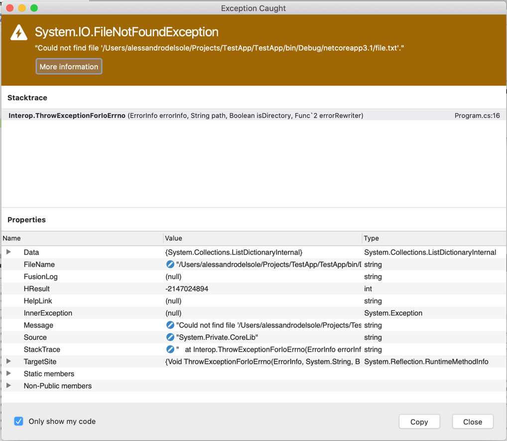 Viewing an exception’s details