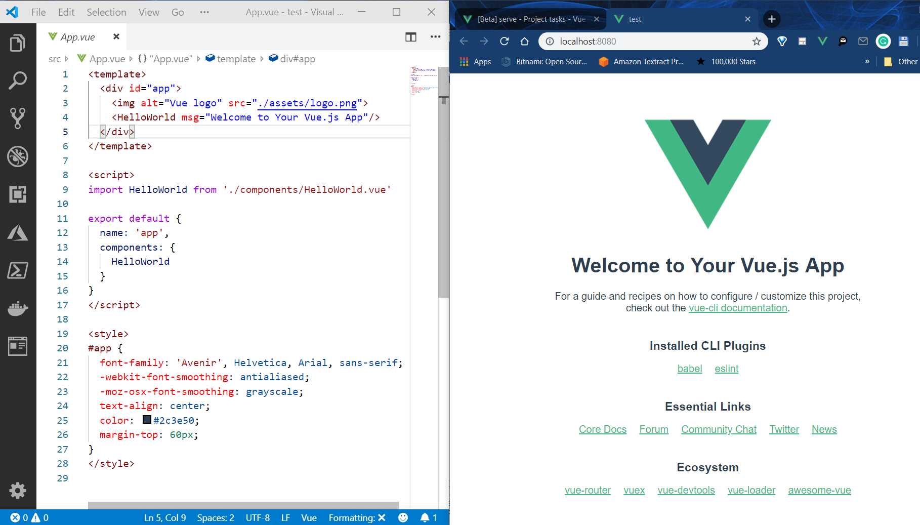 App.vue (Left) and The App Running (Right)