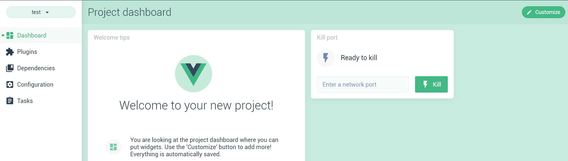 Project Dashboard Main Screen
