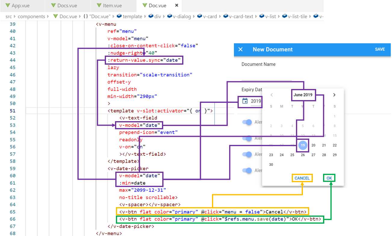 The Date/Month Picker and Date Relationship (Doc.vue)