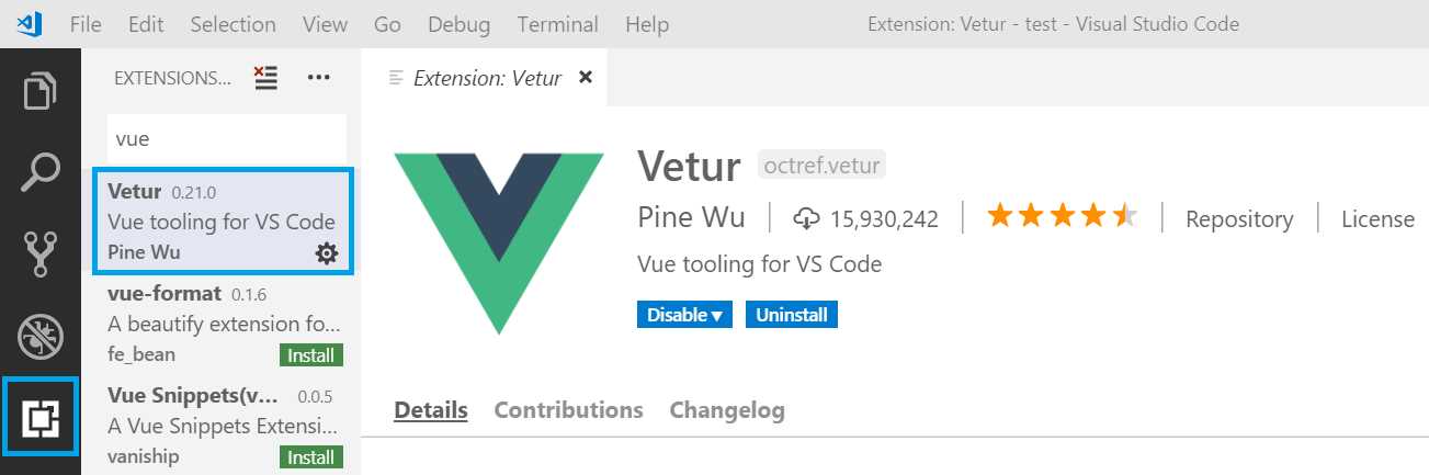 The Vetur Extension for VS Code Installed