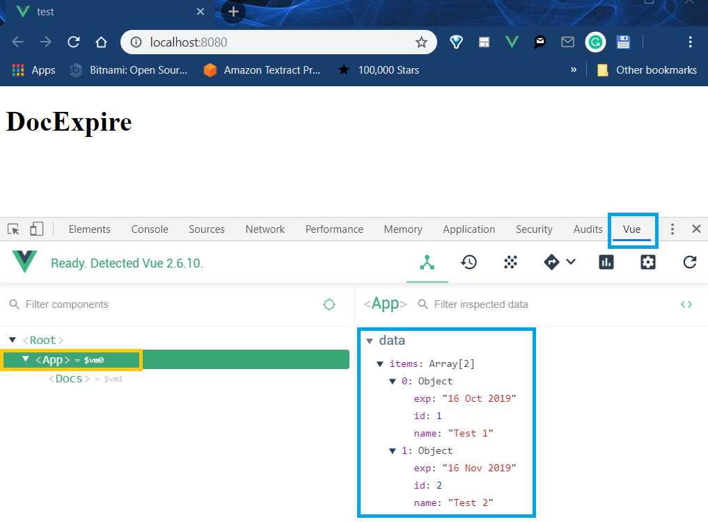 The Vue DevTools Opened