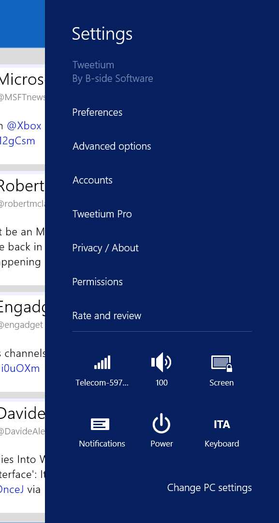 The Settings panel of a Windows Store app for Windows