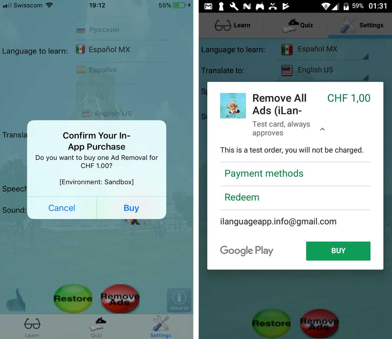 A Test Purchase on iOS and Android
