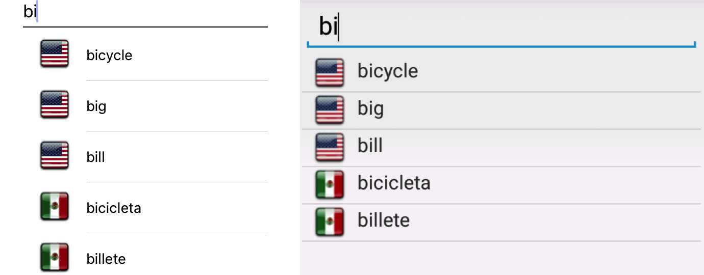 Running Autocomplete on iOS (left) and Android (right)