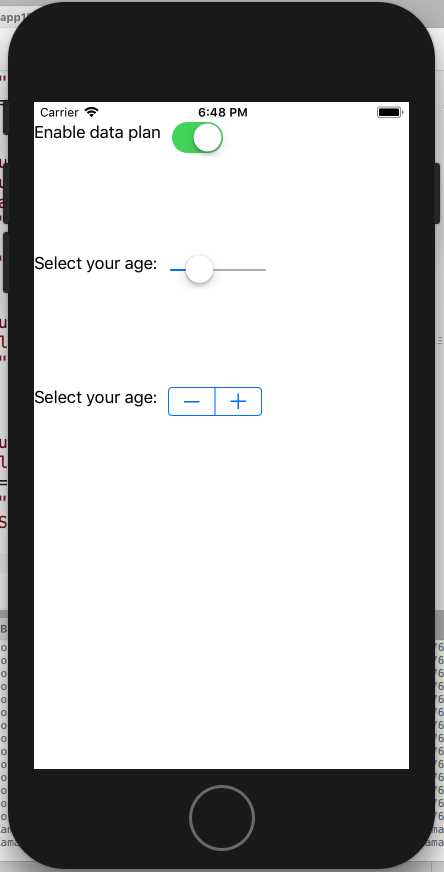 A summary view of the Switch, Slider, and Stepper controls
