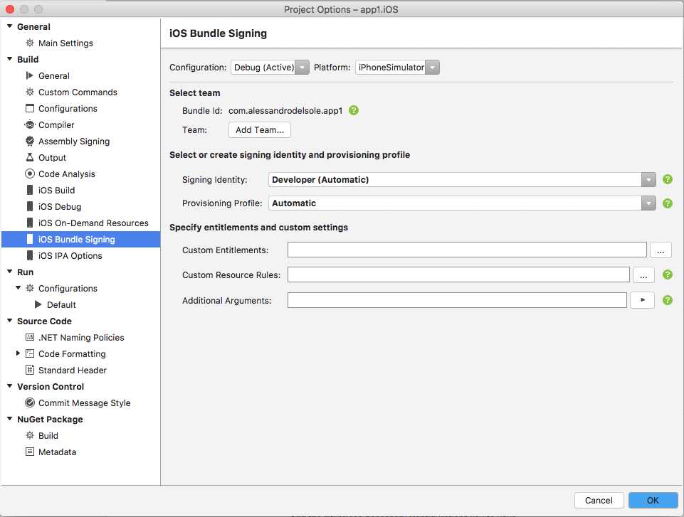 The iOS Bundle Signing options