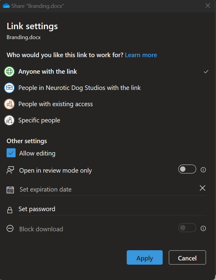 onedrive link settings panel