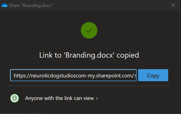 onedrive link to dialog box