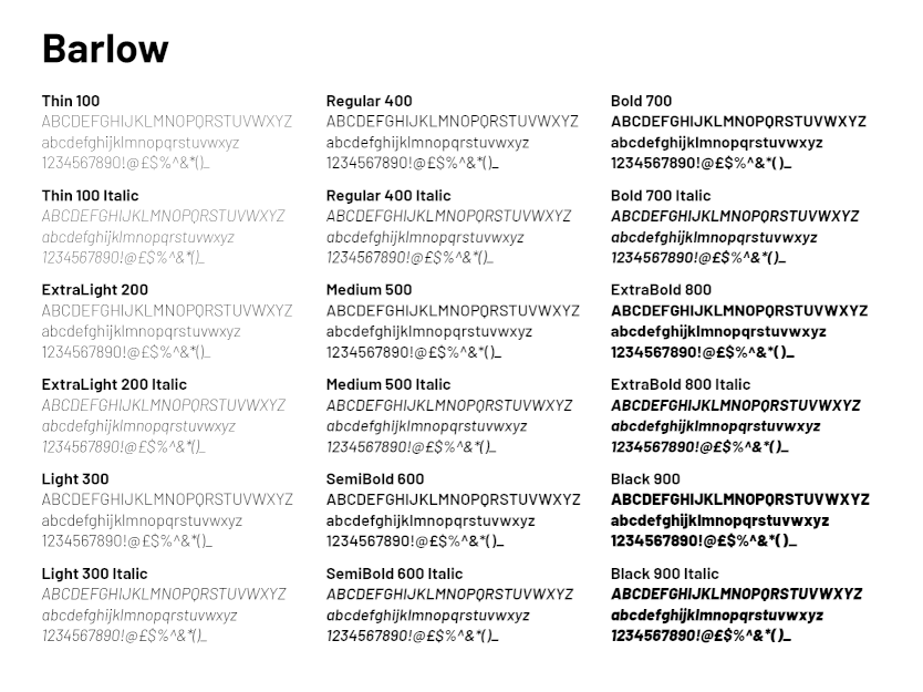 barlow typeface showing all 18 styles