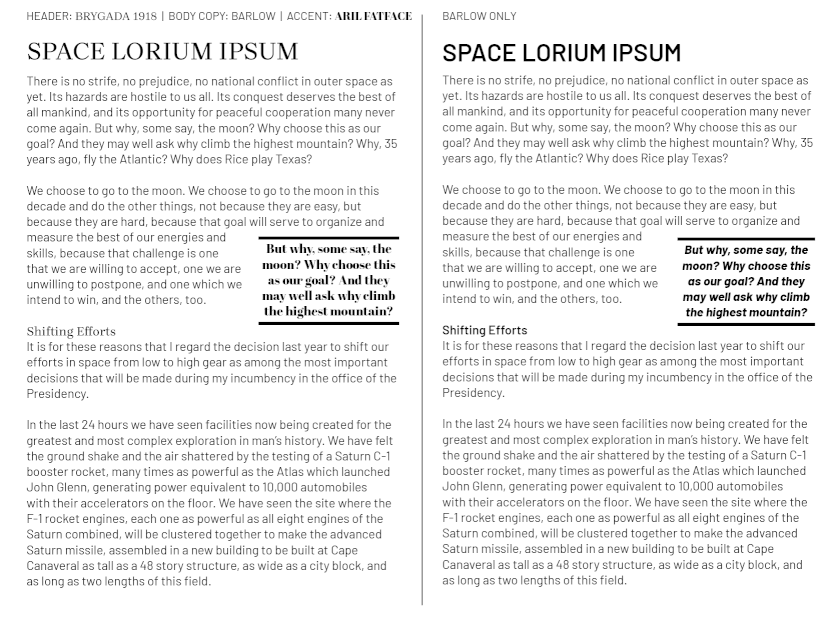 comparison of layout with 1 or 3 typefaces