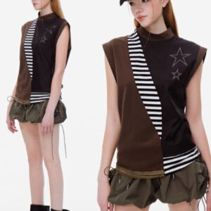 Splicing Striped Mesh Stand Up Collar Waist Cinched Sleeveless Top