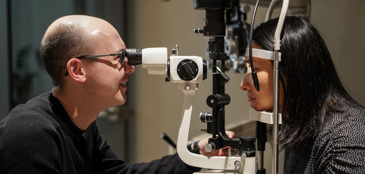 Optometrist, man receiving eye exam in Kamloops, BC