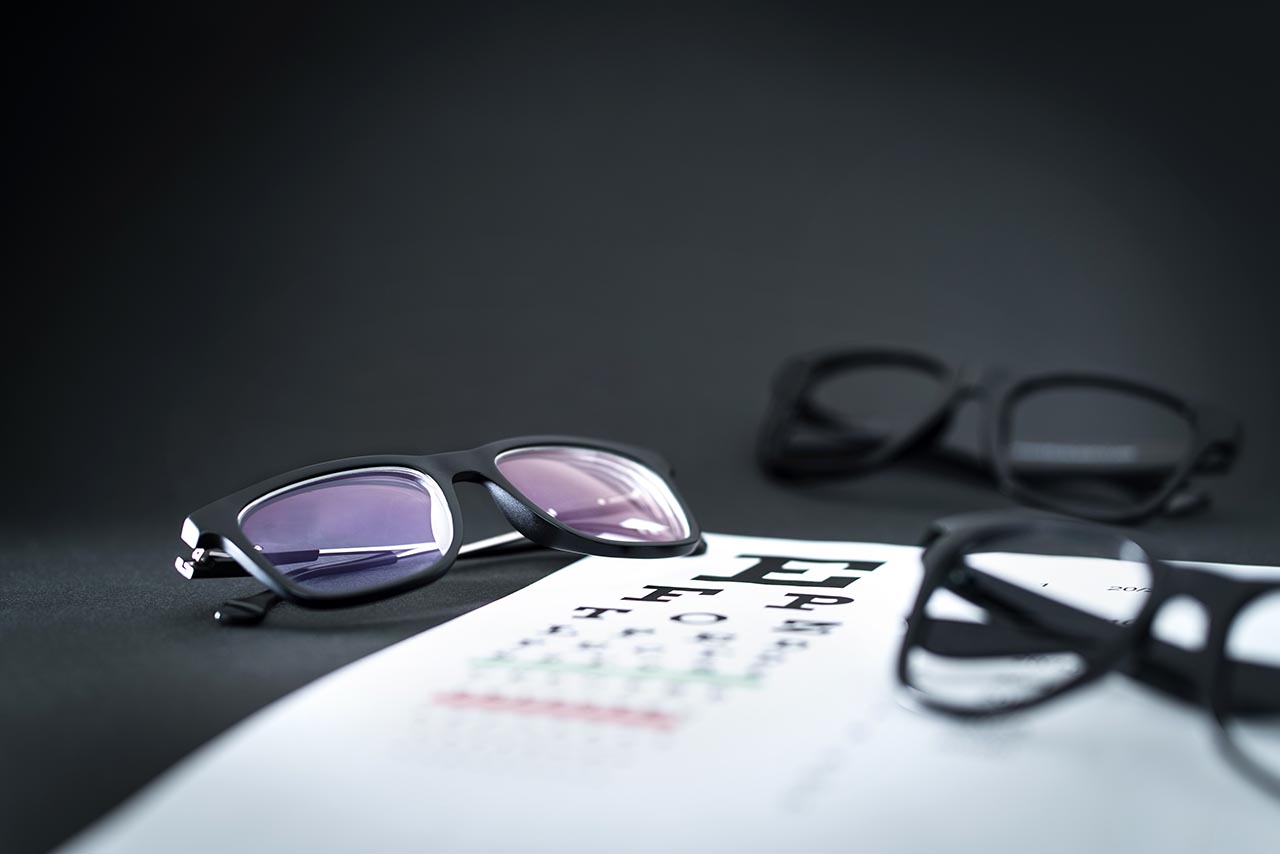 eyeglasses on top of eye chart