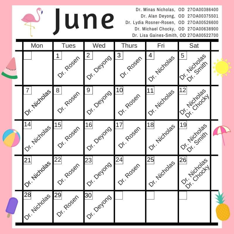 Our Eye Exam Schedule for June 2021