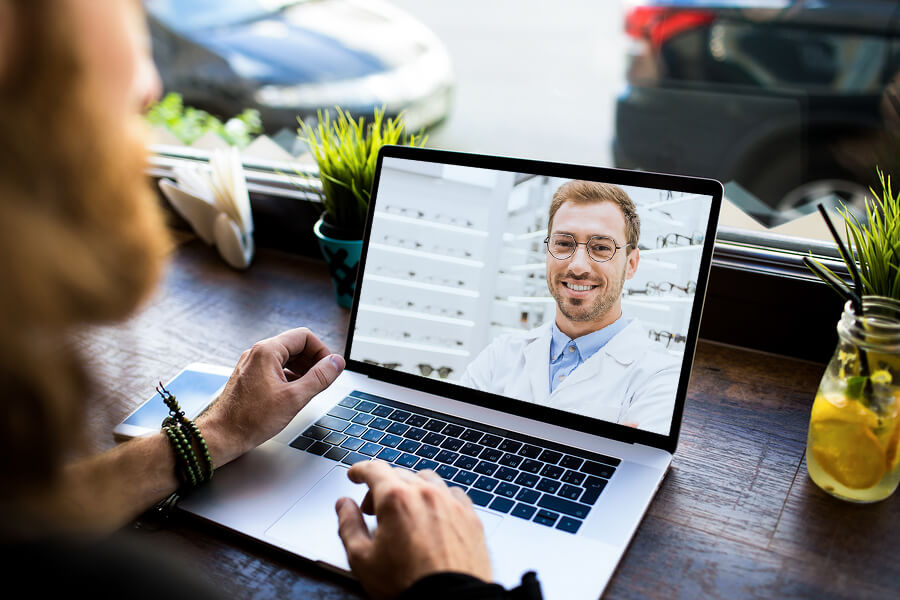 Closely Man Successful Distance Worker Using Laptop Computer Wit
