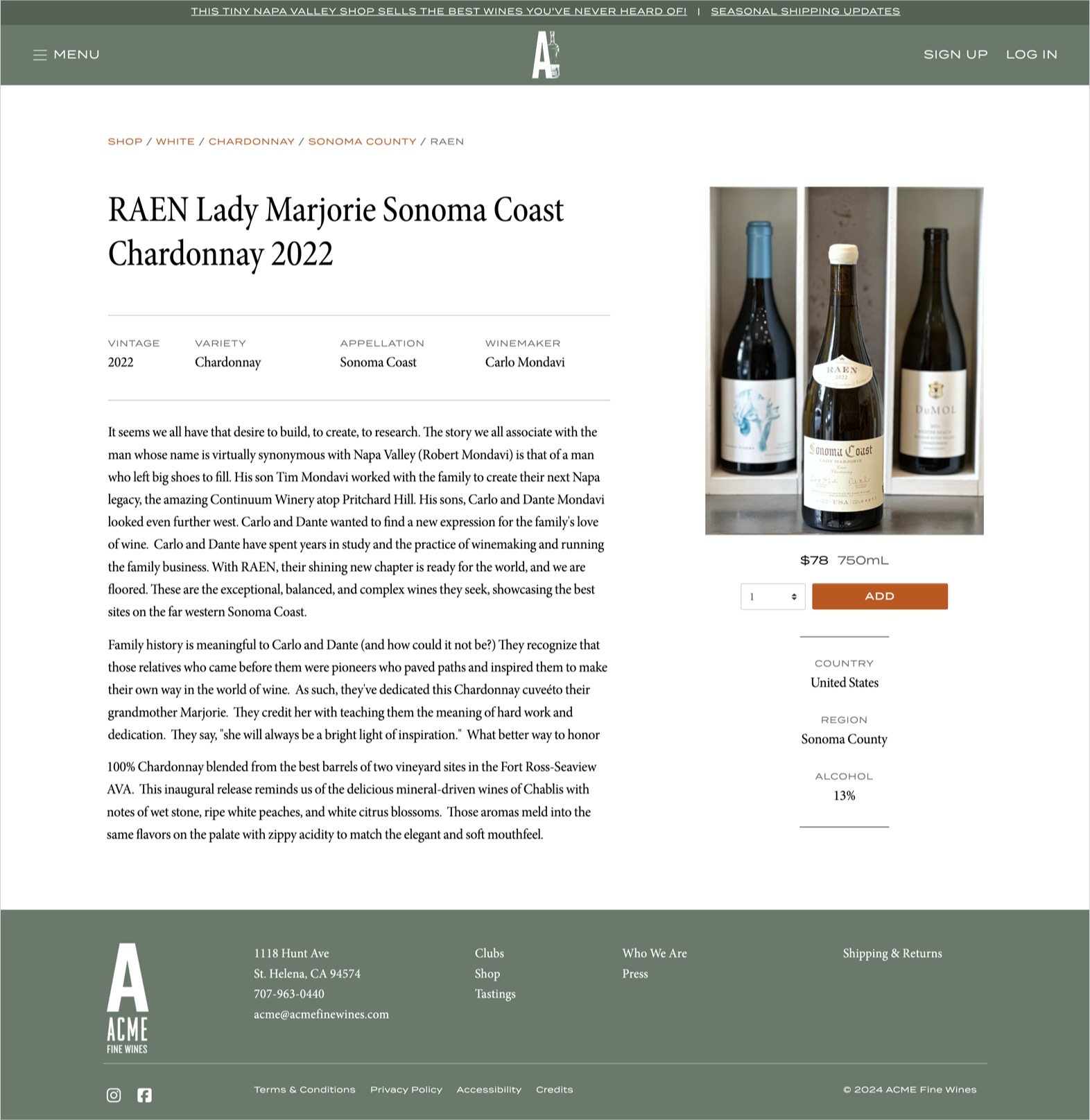 ACME Fine Wines Product page