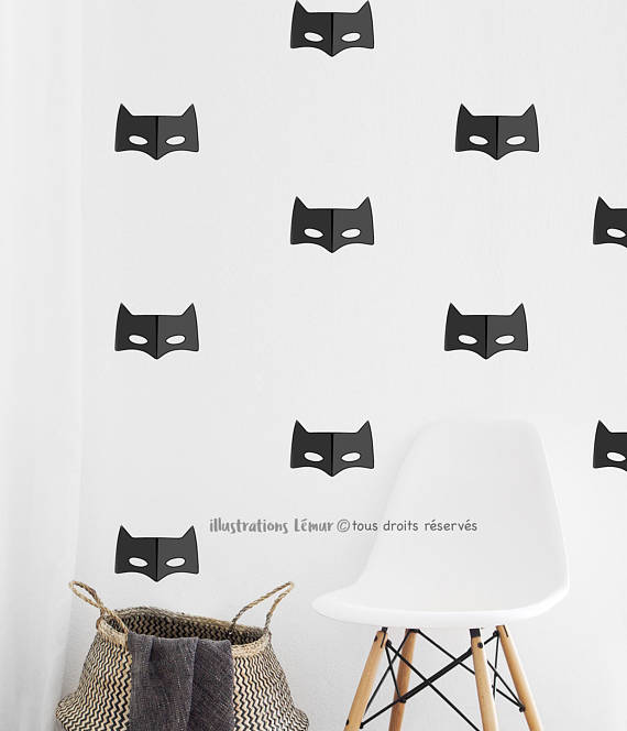 IllustrationsLemur - Décalques muraux MASQUES super HÉRO 5 pouces, REPOSITIONNABLES, Autocollant Batman, Décoration murale-Appliqués muraux-déco chambre-vinyle