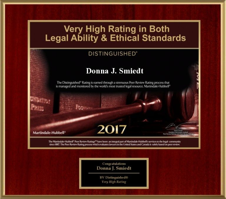 Very High Rating in Both Legal Ability & Ethical Standards - Distinguished Donna J. Smiedt 2017