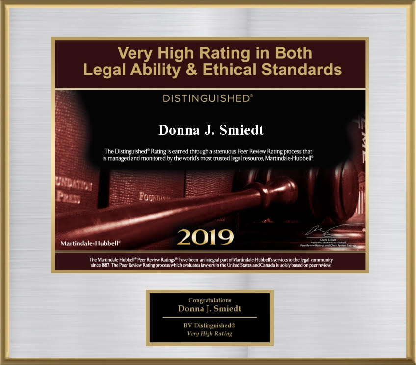 Very High Rating in Both Legal Ability & Ethical Standards - Distinguished Donna J. Smiedt 2019