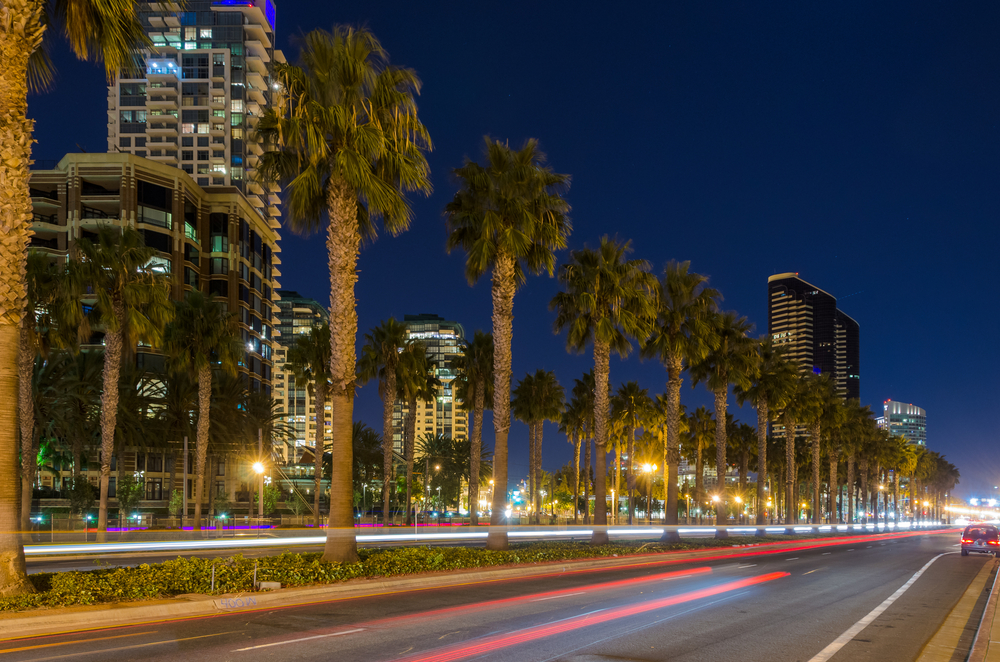 Driving on a San Diego street at nighttime