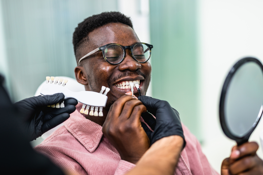 Man getting veneers placed by a professional dentist