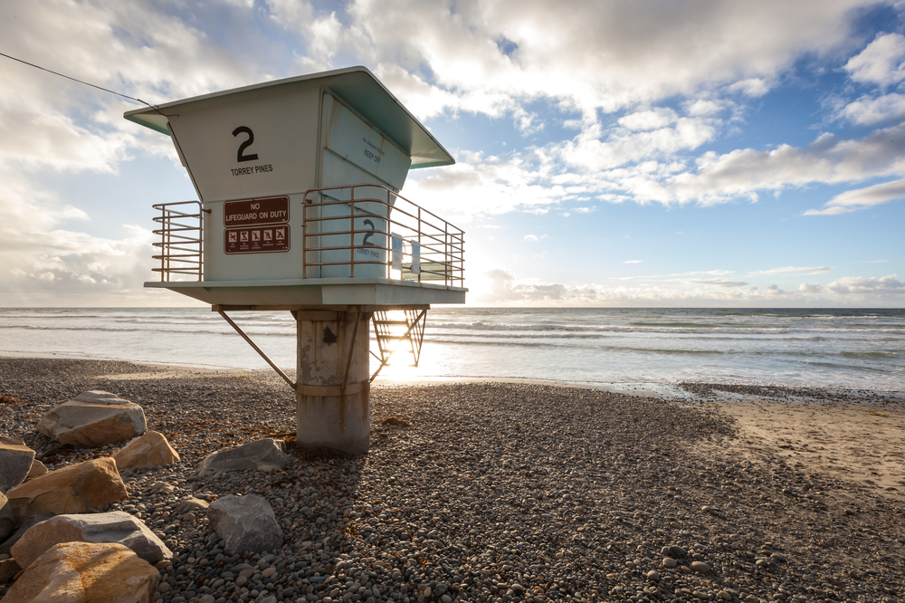 Empty lifeguard tower at a Torrey Pines State Beach