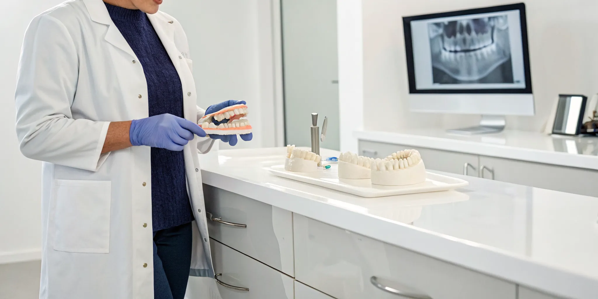 Specialist prosthodontist holding a dental implant model with a digital scan in the background.