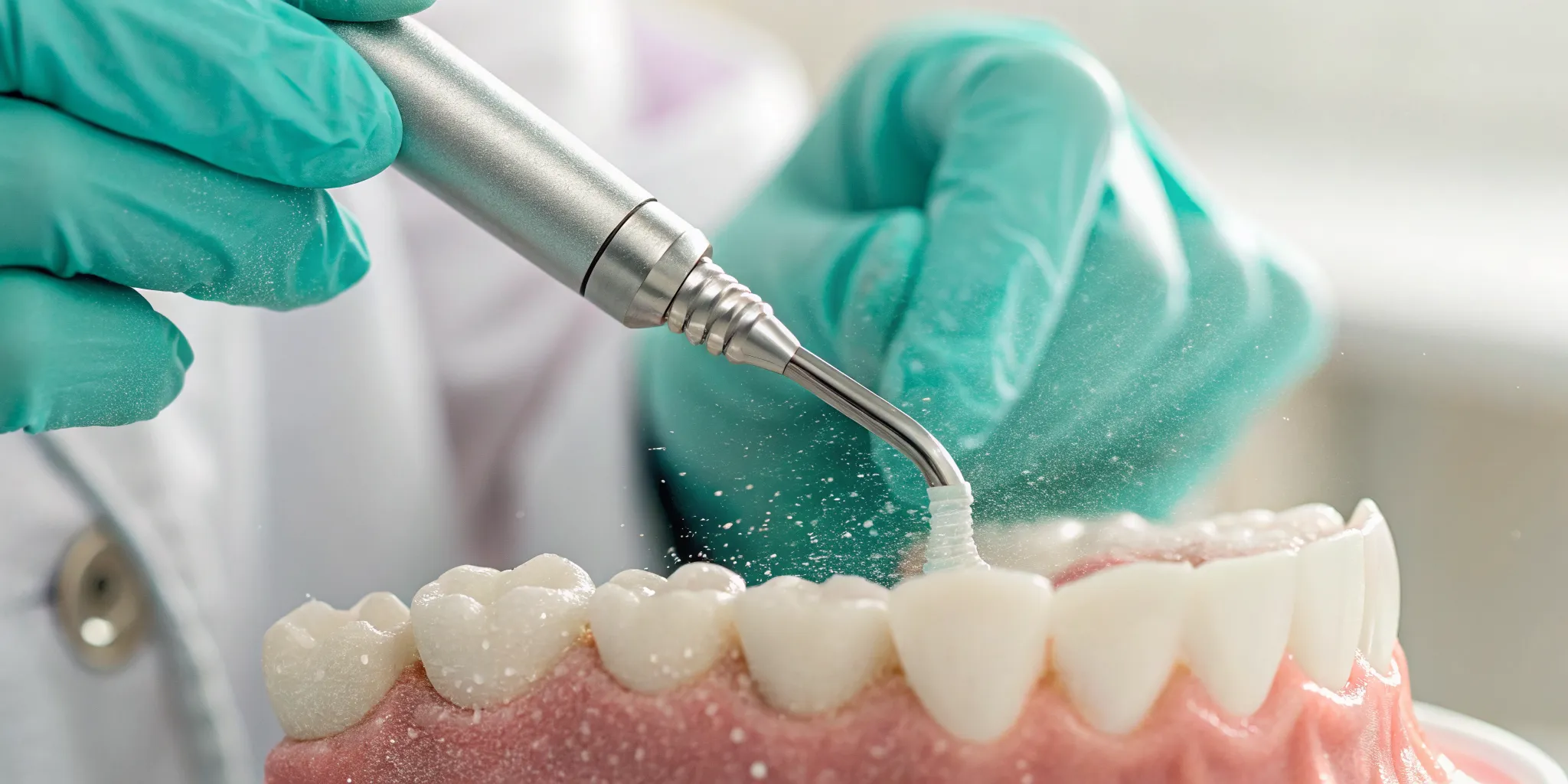 Scaling and root planing procedure performed on a teeth model with an ultrasonic tool.