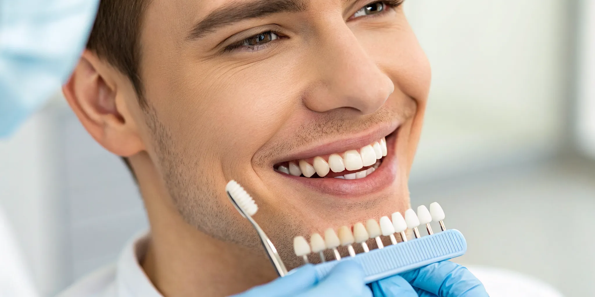 Man smiling during porcelain veneers shade matching in Glastonbury, CT.