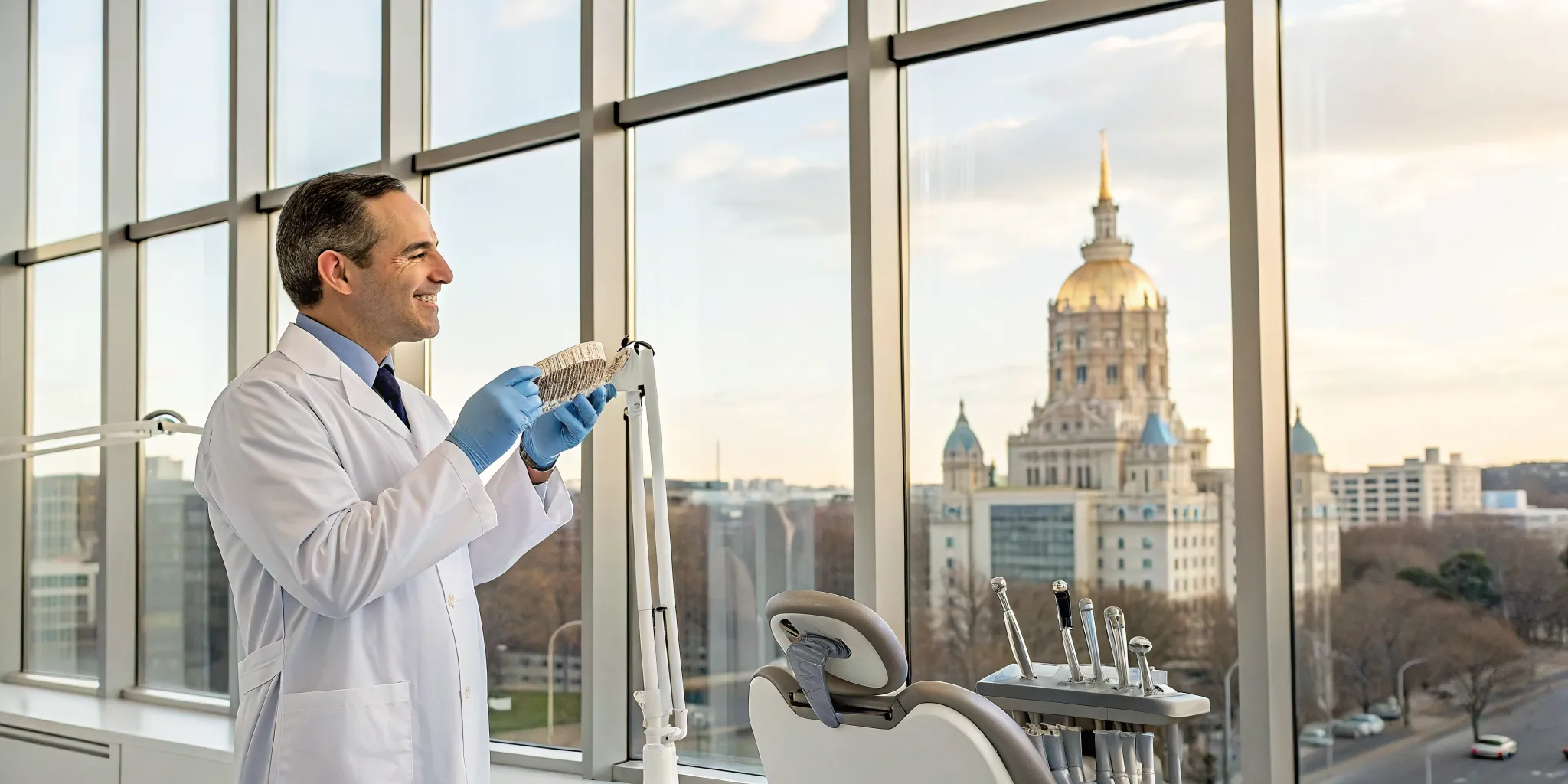 Implant dentist in Hartford holding a dental implant model.