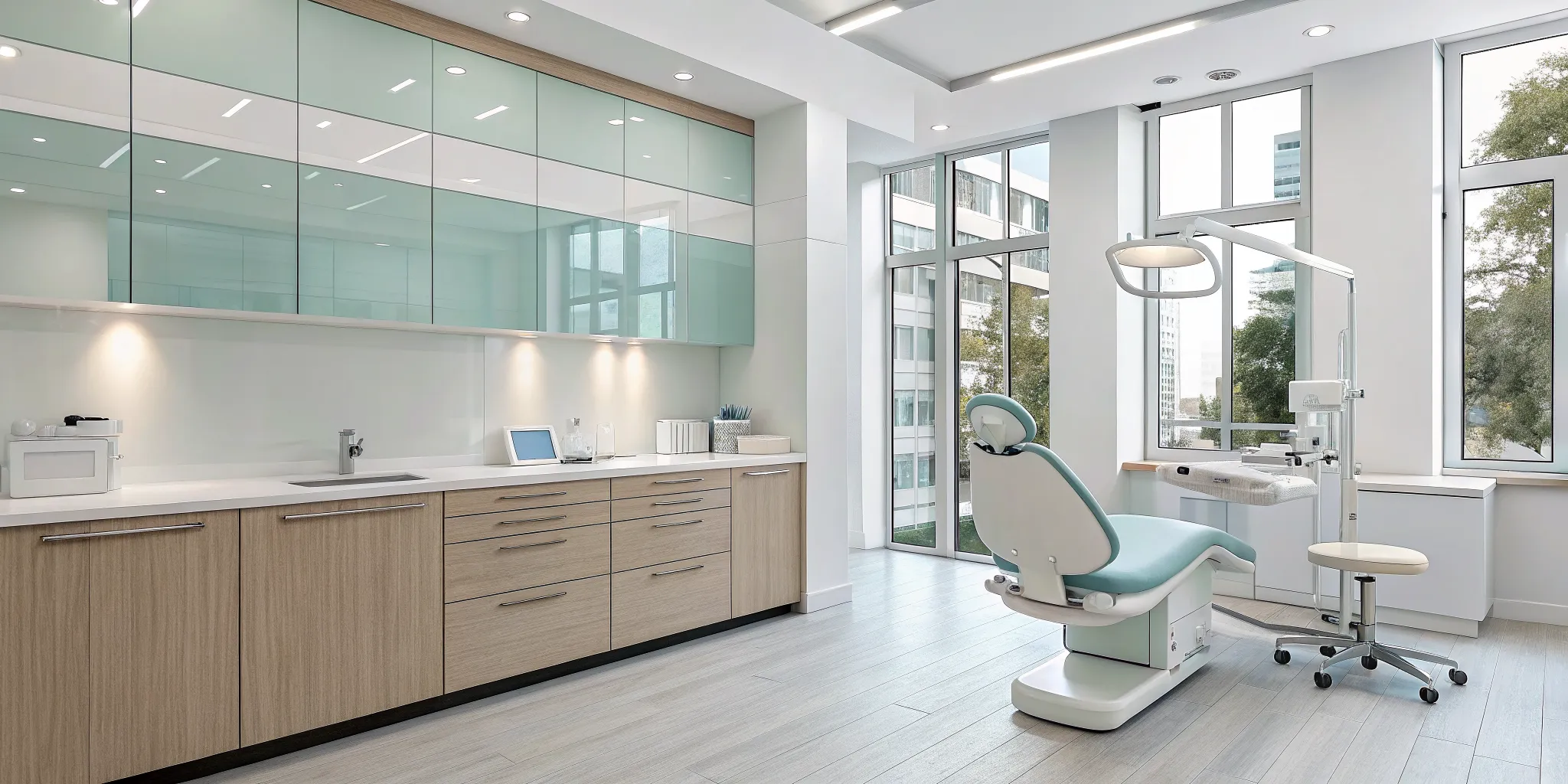 Dental chair in a treatment room where a patient gets custom porcelain veneers.