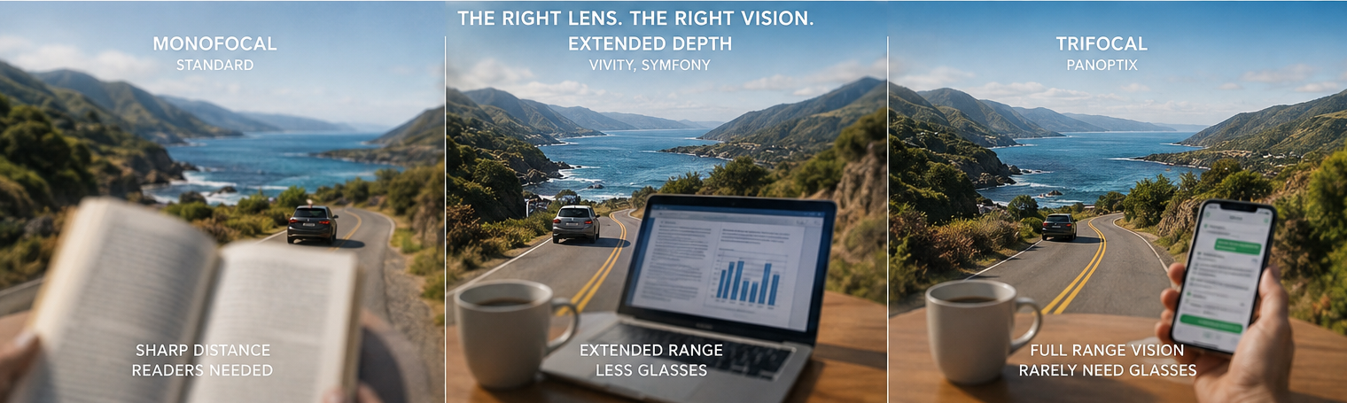 Clear eye illustrating the range of vision offered by premium cataract lens options