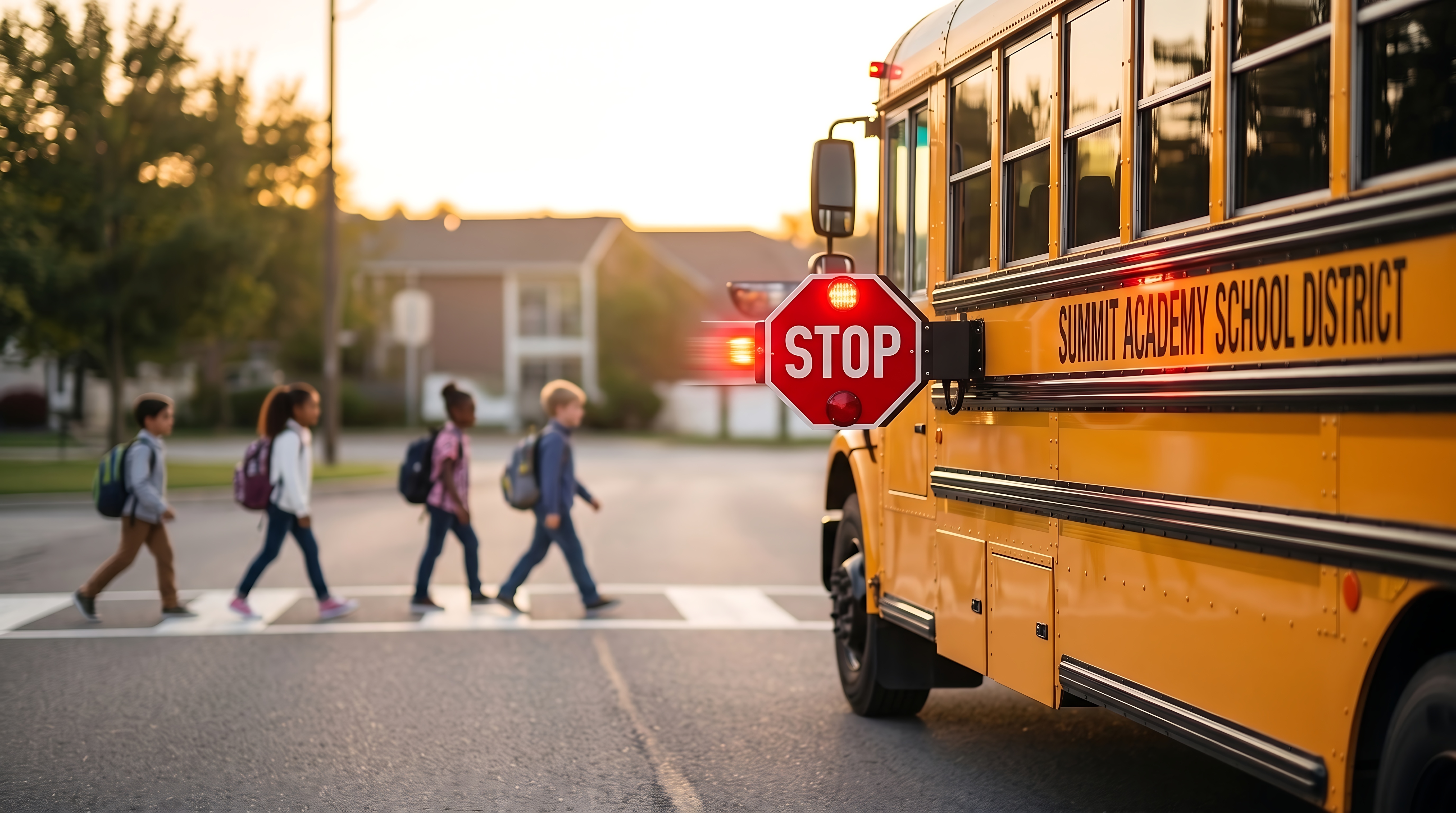 School bus with stop sign extended as children cross the street