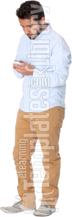 using phone, mobile phone, 45 degree, standing, side view, human face, content, comfortable, satisfied, image series 154b, adrian, mexico, people, person, human, individual, one person, cutout, isolated, clipped out, white background, studio shot, casual, relaxed, brown hair, brunette, dark hair, styled hair, short hair, stubble, young adult, adult, mature, man, boy, male, men, hispanic, latin american, latino, dress shirt, button up, collared, jeans, denims, blue jeans, pants, tennis shoes, sneakers, shoes