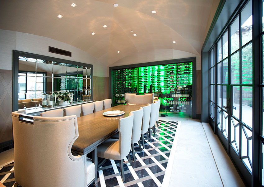 Multi-color changing LEDs illuminate in the wine cellar.