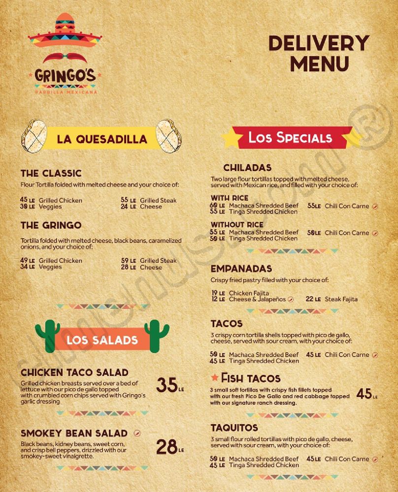 Gringo's Burrito Grill scanned menu on Cairo , Egypt