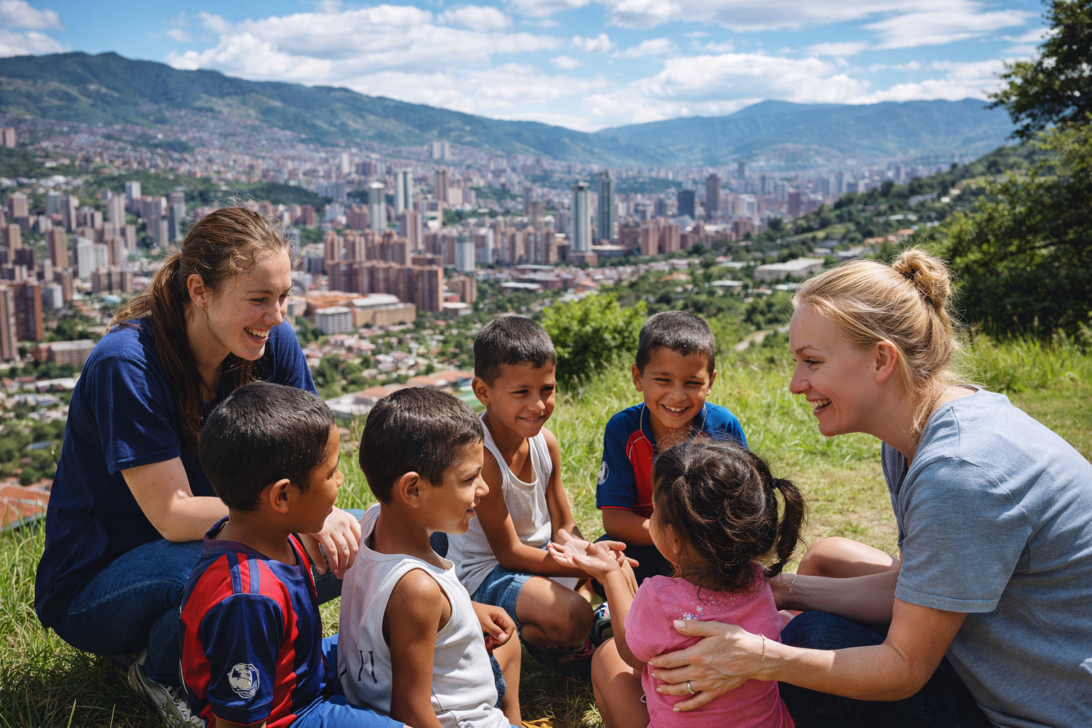 group of volunteers with children from Colombia