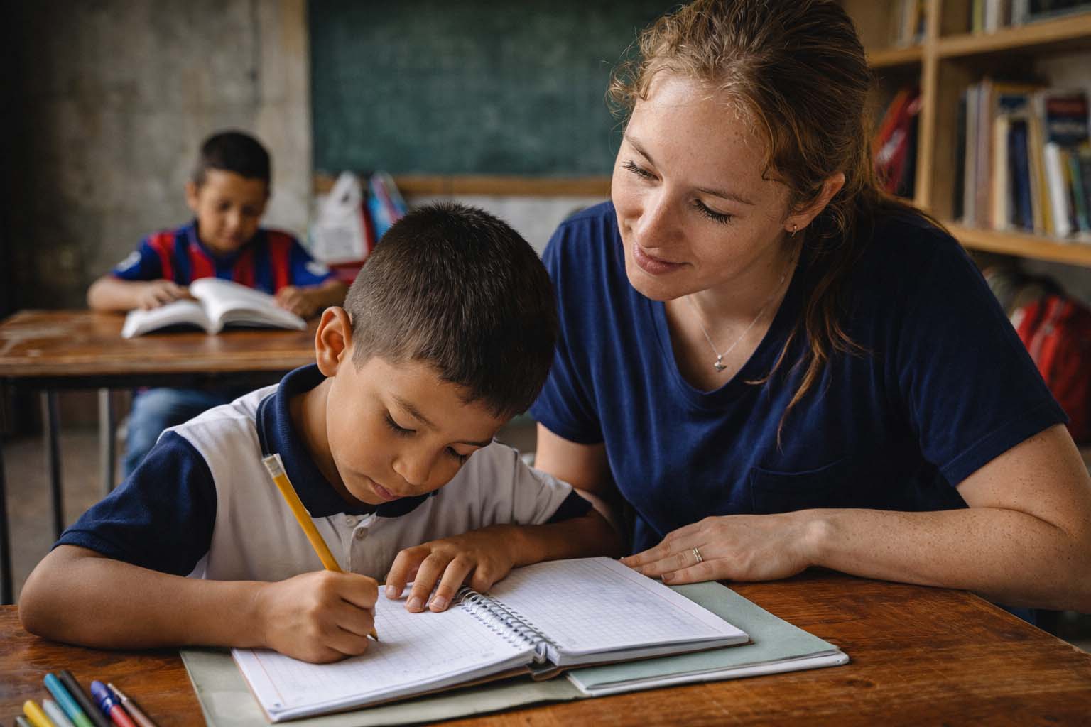 caring woman teaching child from Colombia