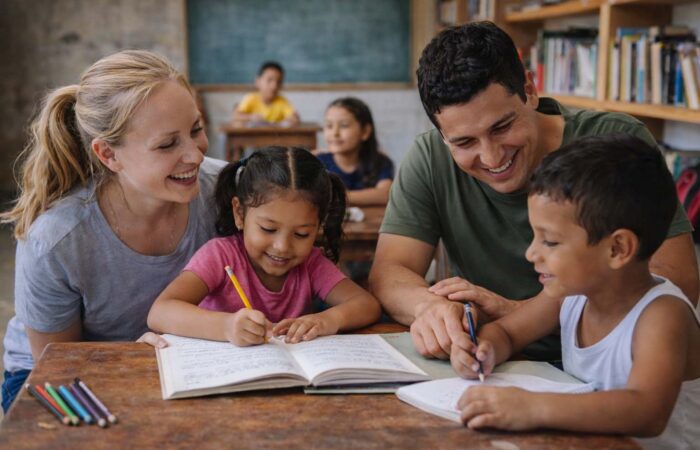 teachers helping sponsored Colombian children in classroom teachers helping sponsored Colombian children in classroom