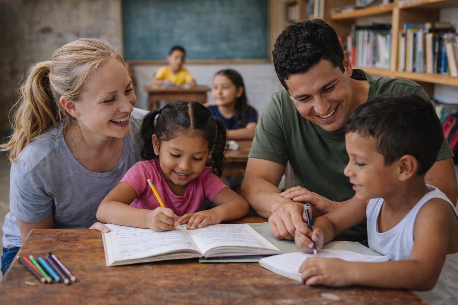 teachers helping sponsored Colombian children in classroom