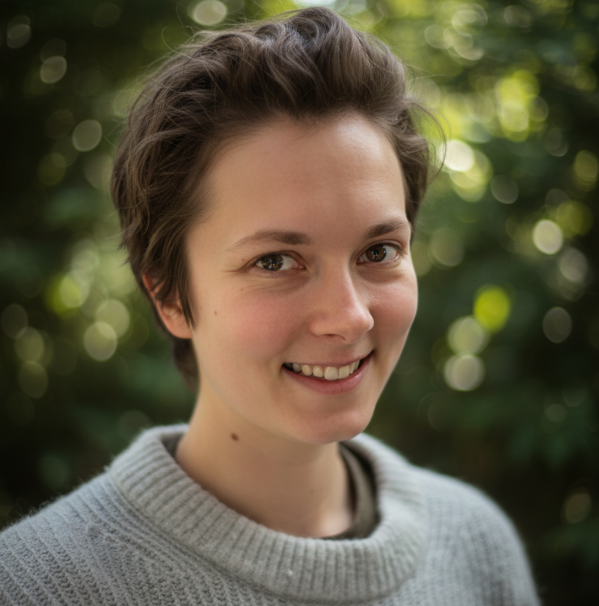 A headshot of Emmie. She is white, has short brown hair, and brown eyes. She is smiling and wearing a white sweater.