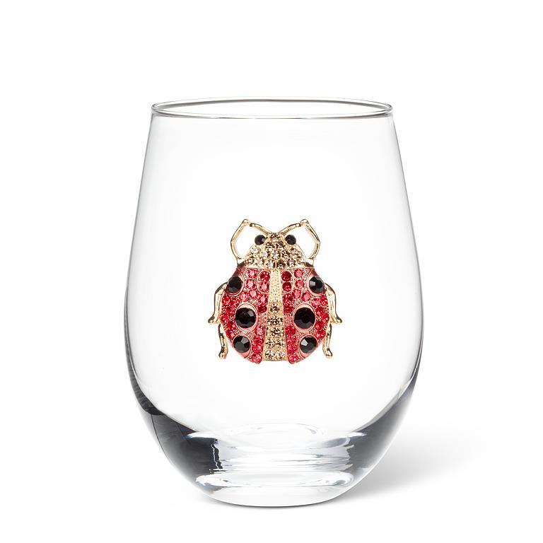 Stemless Wine Glass w/Jewel Ladybug-4.5"H(16oz)